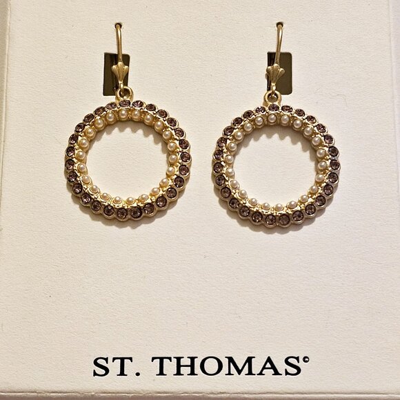 St. Thomas Goldtone Round Amethyst & Pearl Dangle Leverback Earrings - Picture 1 of 3